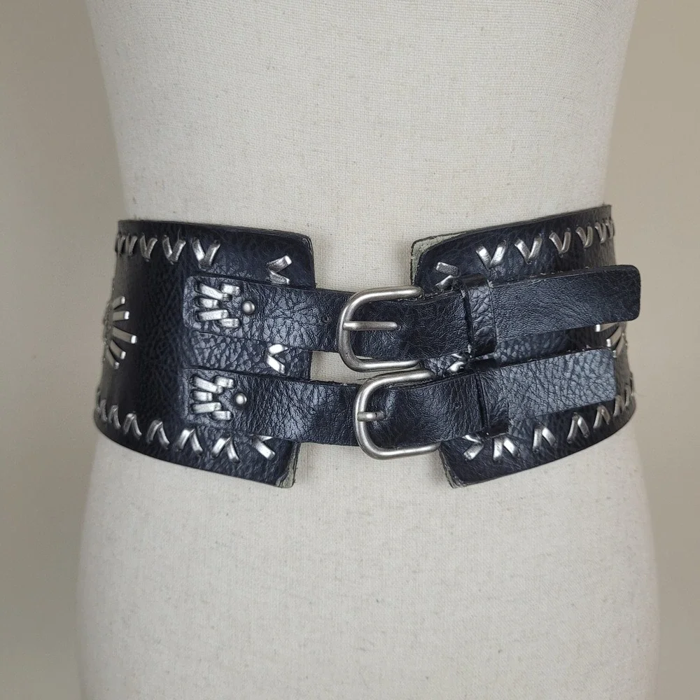 Nine West Belt Medium Black Studded Whipstitch Double Buckle Corset Cowgirl Boho